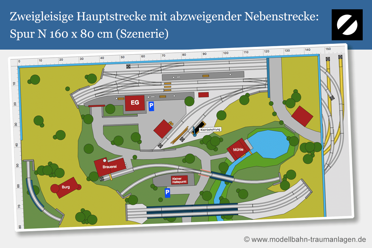 2-gleisige Hauptstrecke mit abzweigender 1-gleisiger Nebenstrecke. Gleisplan Spur N, 160 x 80 cm